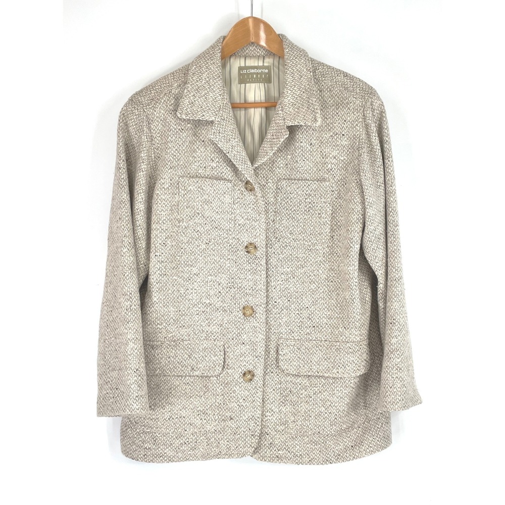 Liz Claiborne Women Barn Coat PM Petite Medium Tan Wool Blend Herringbone